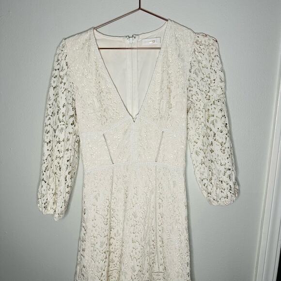 Jonathan Simkhai White Puff Sleeve V-Neck Intricate Lace Midi Dress Size 2 - Picture 11 of 16